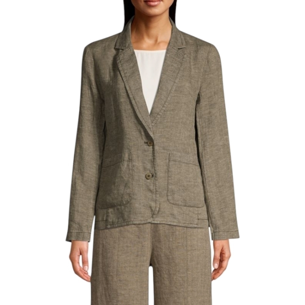 Eileen Fisher Grey Green Linen Double Button Closure Delave Blazer Sz XS